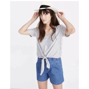 Madewell Women's Novel Striped Tie Front V Neck Short Sleeve Top Blouse Medium